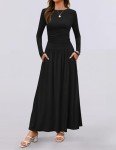 ZESICA Women's Long Sleeve Spring Maxi Dress Crewneck Knit Casual Slim Swing Pleated Dresses with Pockets, Black, Small