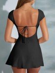 Vozobi Women's Square Neck Mini Dress Short Sleeves Backless One Piece Bodice Dresses Night Club Party Super Short Skirt Black