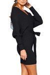 Zonsaoja Women's Sweater Dress Sexy V Neck Long Sleeve Backless Wrap Knitted Mini Dresses Black S