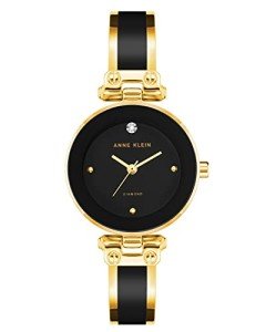 Anne Klein Diamond-Accented Black and Gold Bangle Watch