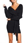Zonsaoja Women's Sweater Dress Sexy V Neck Long Sleeve Backless Wrap Knitted Mini Dresses Black S