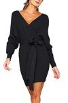 Zonsaoja Women's Sweater Dress Sexy V Neck Long Sleeve Backless Wrap Knitted Mini Dresses Black S