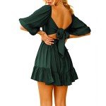 Senllen Women's Lantern Sleeve Tie Back Dress Ruffled Off The Shoulder A-Line Summer Mini Dress Dark Green, Dark Green, Small