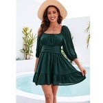 Senllen Women's Lantern Sleeve Tie Back Dress Ruffled Off The Shoulder A-Line Summer Mini Dress Dark Green, Dark Green, Small