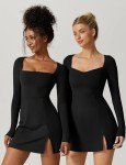 Vozobi Womens Square Neck Bodice Mini Dress Long Sleeves Side Slit Flare Short Dresses Party Skirt Black