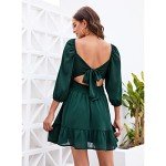 Senllen Women's Lantern Sleeve Tie Back Dress Ruffled Off The Shoulder A-Line Summer Mini Dress Dark Green, Dark Green, Small