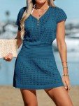 CUPSHE Women's Swimwear Cover Up Crochet Mini Dress Button V Neck Short Sleeve Beach Coverups Summer Deep Teal,M