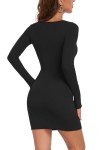 Vozobi Women's Zip Up Mini Dress Long Sleeves Boat Neck Slim Fit Party Club Fall Dresses Y2K Short Bodycon Curvy Skirt Black