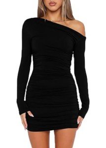 asllysa Women Sexy Off Shoulder Dress Long Sleeve Bodycon Ruched Dresses Club Cocktail Party Y2K Mini Short Dresses Black (Small)