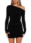 asllysa Women Sexy Off Shoulder Dress Long Sleeve Bodycon Ruched Dresses Club Cocktail Party Y2K Mini Short Dresses Black (Small)