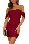 PRETTYGARDEN Mini Dress Dress for Women Summer Sexy Off The Shoulder Tight Short Bodycon Dresses (Wine Red,Small)