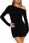 asllysa Women Sexy Off Shoulder Dress Long Sleeve Bodycon Ruched Dresses Club Cocktail Party Y2K Mini Short Dresses Black (Small)