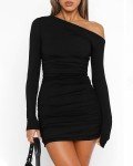 asllysa Women Sexy Off Shoulder Dress Long Sleeve Bodycon Ruched Dresses Club Cocktail Party Y2K Mini Short Dresses Black (Small)