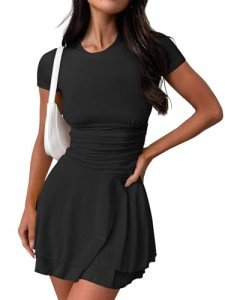 Vozobi Womens Mini Dress Crew Neck Short Sleeves Ruffle Flare Flowy Double Layered Short Dresses Slim Fit Bodice Skirt Black