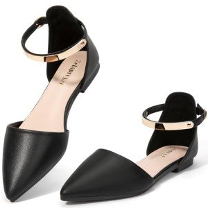 Zelaprox Women's Black Pointed Toe Ankle Strap Flats