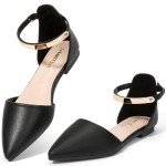Zelaprox Women's Black Pointed Toe Ankle Strap Flats