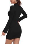 Vozobi Womens Mini Dress Turtle Neck Long Sleeves Side Slit Short Dresses Slim Fit Night Club Party Bodice Skirt Black