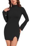 Vozobi Womens Mini Dress Turtle Neck Long Sleeves Side Slit Short Dresses Slim Fit Night Club Party Bodice Skirt Black