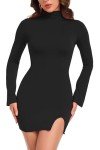 Vozobi Womens Mini Dress Turtle Neck Long Sleeves Side Slit Short Dresses Slim Fit Night Club Party Bodice Skirt Black