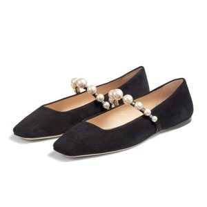 Dumjey Women's Pearl Strap Square Toe Flats - Black