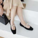 Dumjey Women's Pearl Strap Square Toe Flats - Black