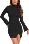 Vozobi Womens Mini Dress Turtle Neck Long Sleeves Side Slit Short Dresses Slim Fit Night Club Party Bodice Skirt Black