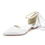 Pearl Detail Pointed Toe Bridal Flats - White