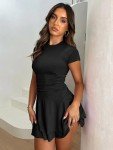 Vozobi Womens Mini Dress Crew Neck Short Sleeves Ruffle Flare Flowy Double Layered Short Dresses Slim Fit Bodice Skirt Black