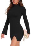 Vozobi Womens Mini Dress Turtle Neck Long Sleeves Side Slit Short Dresses Slim Fit Night Club Party Bodice Skirt Black