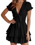 PRETTYGARDEN Women's 2025 Summer Swing Mini Dress Tie Front V Neck Short Sleeve Ruffle Layer A-Line Short Dress(Black,Large)