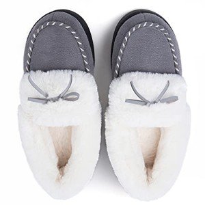 RockDove Women's Grey Faux Fur Moccasin Slippers