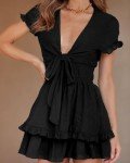 PRETTYGARDEN Women's 2025 Summer Swing Mini Dress Tie Front V Neck Short Sleeve Ruffle Layer A-Line Short Dress(Black,Large)
