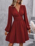 Wine Red Long Sleeve High-Waist Casual Dress