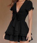 PRETTYGARDEN Women's 2025 Summer Swing Mini Dress Tie Front V Neck Short Sleeve Ruffle Layer A-Line Short Dress(Black,Large)