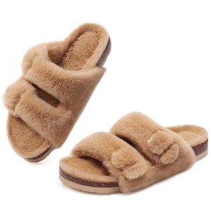 KIDMI Women’s Fuzzy Cork Footbed Slippers - Khaki