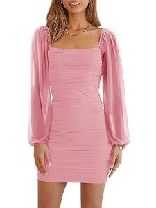 Wenrine Women's Mesh Long Sleeve Square Neck Ruched Party Club Cocktail Bodycon Mini Dress, Pink, Medium