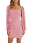 Wenrine Women's Mesh Long Sleeve Square Neck Ruched Party Club Cocktail Bodycon Mini Dress, Pink, Medium