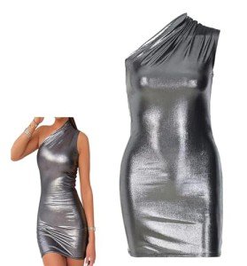 MANJIAMEI Women's Shiny Dress, Metallic One Shoulder Ruched Bodycon Club Mini Dress, Metallic Wetlook Club Hip Skirt, Sexy Sleeveless Pu Leather Cocktail Dress, Slim Fit Mini Pencil Party Dress