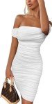 Mookyun Women's Summer Off Shoulder Sleeveless Fitted Sexy Bodycon Ruched Cocktail Evening Party Club Mini Dress (White L)