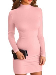 VICHYIE Women Dress Mock Neck Bodycon Ribbed Long Sleeve Fall Mini Pink M