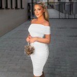Mookyun Women's Summer Off Shoulder Sleeveless Fitted Sexy Bodycon Ruched Cocktail Evening Party Club Mini Dress (White L)