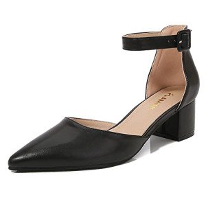 AMOJI Women's Chunky Heels Ankle Strap Pumps