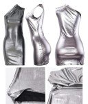 MANJIAMEI Women's Shiny Dress, Metallic One Shoulder Ruched Bodycon Club Mini Dress, Metallic Wetlook Club Hip Skirt, Sexy Sleeveless Pu Leather Cocktail Dress, Slim Fit Mini Pencil Party Dress