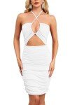 Vozobi Women's Sexy Halter Mini Dress Cutout Crop Top Sleeveless Self Tie Ruched Bodycon Party Club Cocktail Short Dresses White