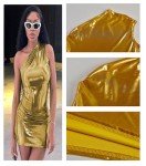 MANJIAMEI Women's Shiny Dress, Metallic One Shoulder Ruched Bodycon Club Mini Dress, Metallic Wetlook Club Hip Skirt, Sexy Sleeveless Pu Leather Cocktail Dress, Slim Fit Mini Pencil Party Dress