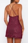 MAYSTEPPE Women's Sequin Bodycon Dress Sparkly Glitter Mini Dress Sexy Backless Spaghetti Strap Short Dresses Club Night Out, Wine Red, X-Small