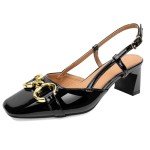 Zelaprox Women's Black Slingback Chunky Heel Pumps