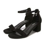 AMOJI Women's Black Low Heel Ankle Strap Sandals