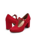 DREAM PAIRS Women's Red T-Strap Chunky Heels