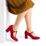 DREAM PAIRS Women's Red T-Strap Chunky Heels